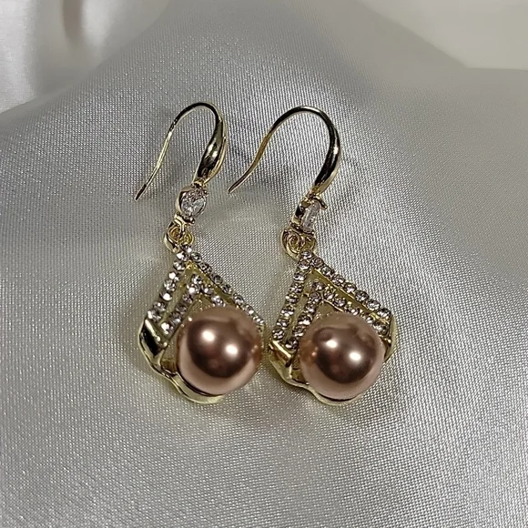 Chocolate Pearl CZ Drop Earrings, S925 wires - Picture 5 of 6